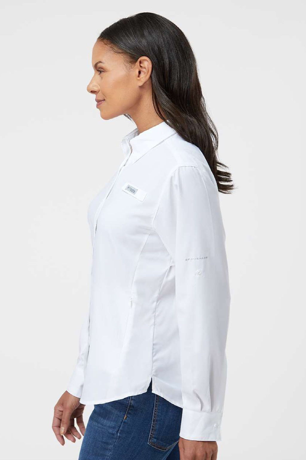 Columbia 212465 Womens PFG Tamiami II Long Sleeve Button Down Shirt White Model Side