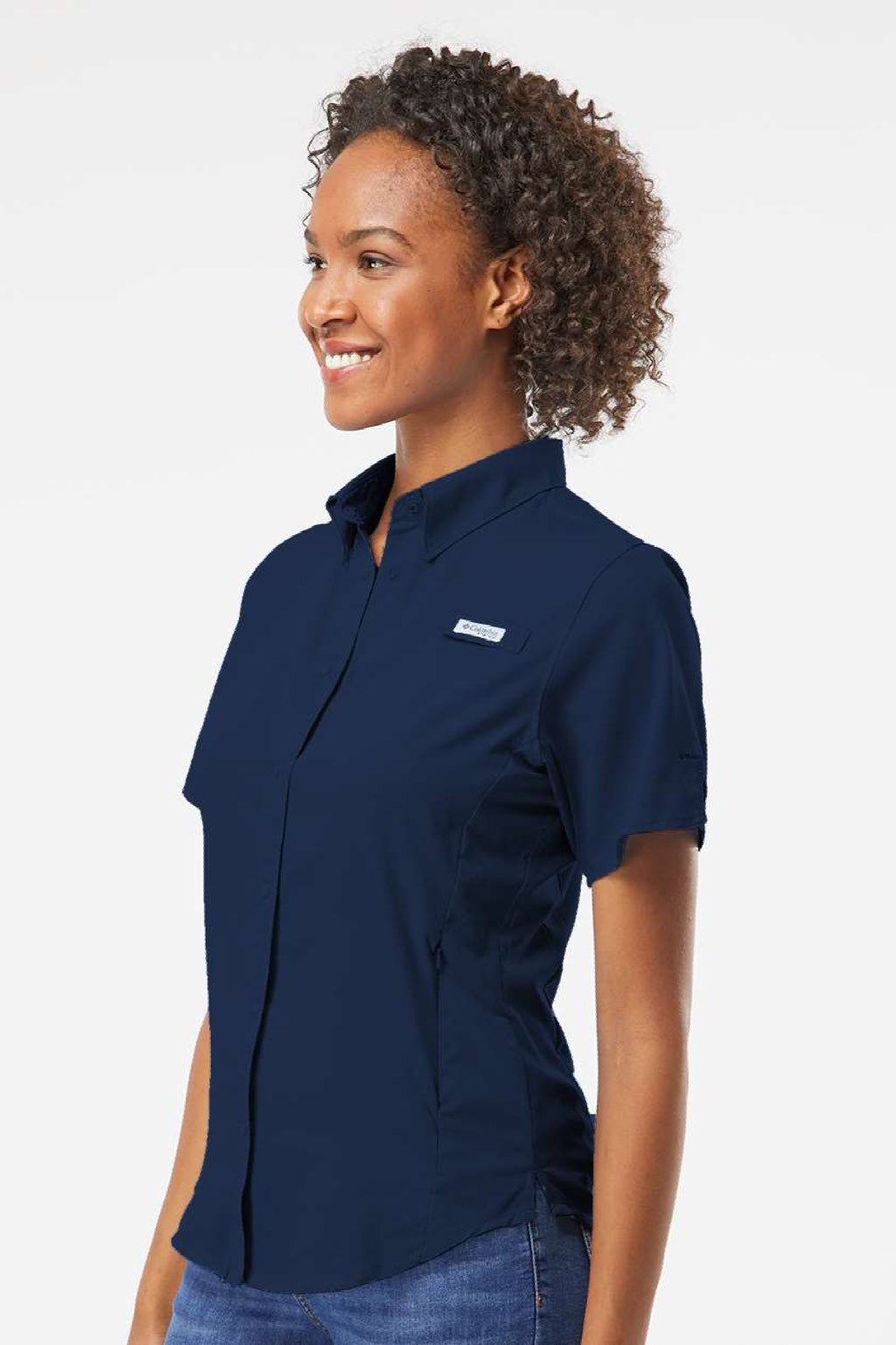 Columbia 212466 Womens PFG Tamiami II Short Sleeve Button Down Shirt Collegiate Navy Blue Model Side