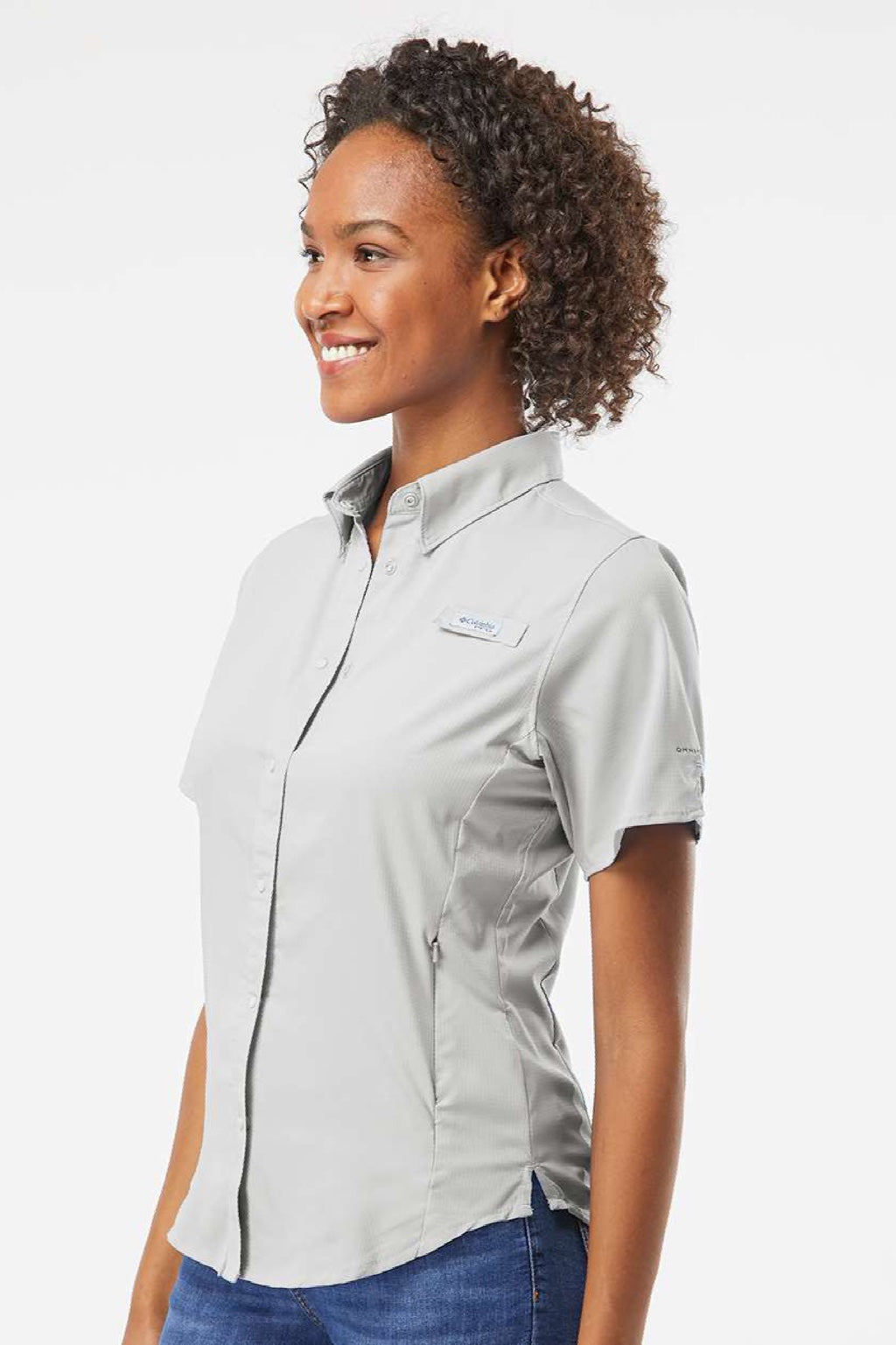Columbia 212466 Womens PFG Tamiami II Short Sleeve Button Down Shirt Cool Grey Model Side