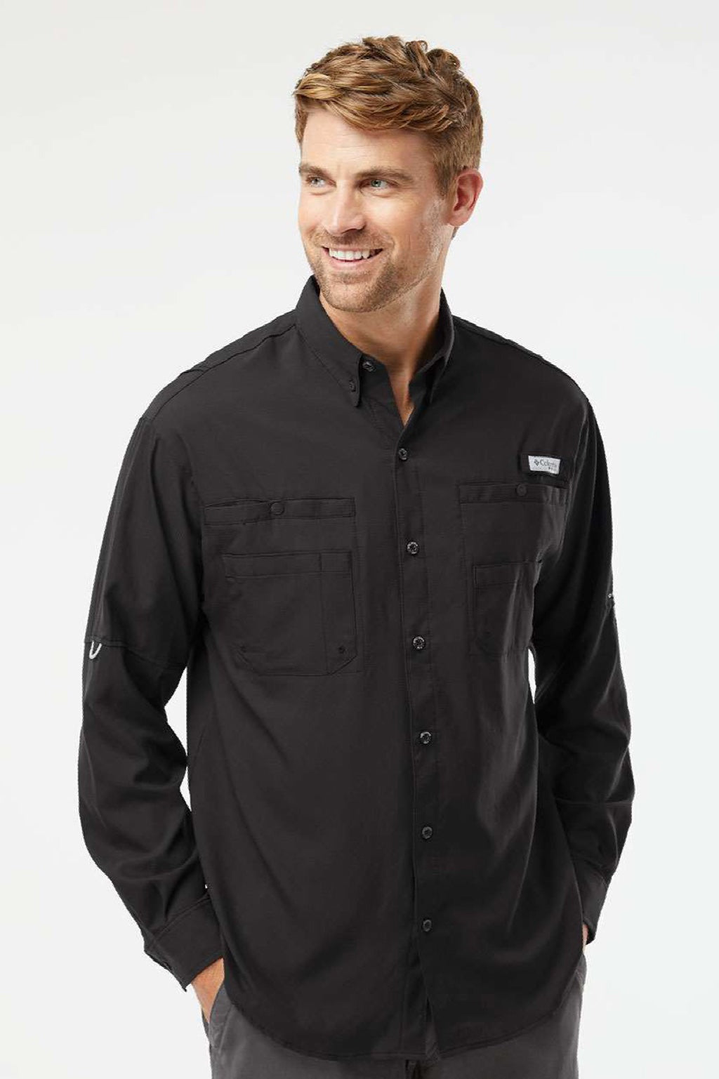 Columbia 212467 Mens PFG Tamiami II Long Sleeve Button Down Shirt w/ Double Pockets Black Model Front