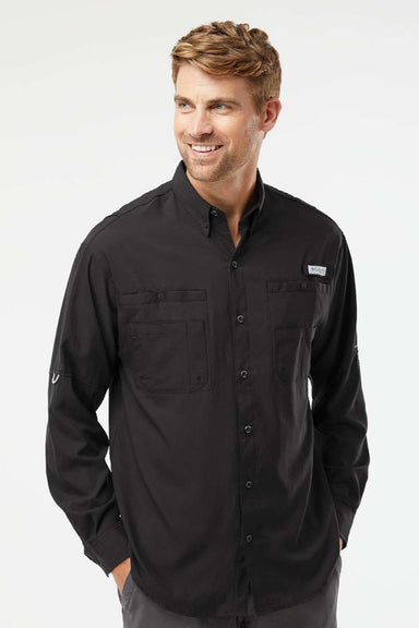Columbia 212467 Mens PFG Tamiami II Long Sleeve Button Down Shirt w/ Double Pockets Black Model Front