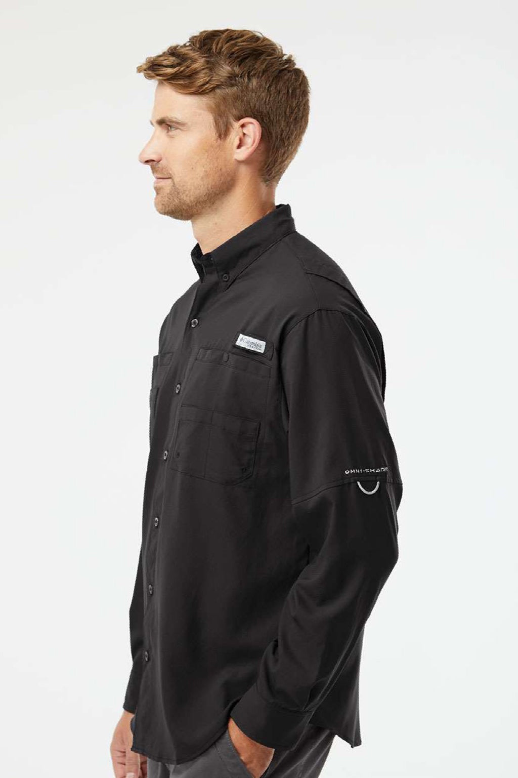 Columbia 212467 Mens PFG Tamiami II Long Sleeve Button Down Shirt w/ Double Pockets Black Model Side