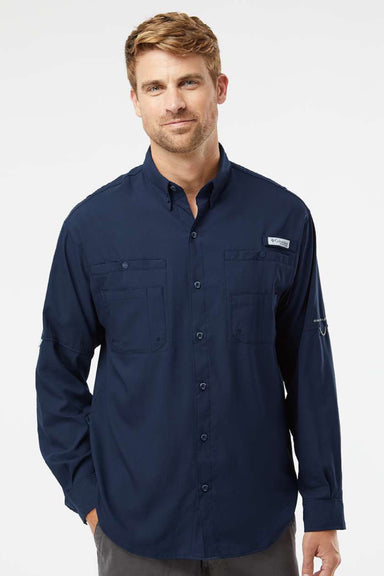 Columbia 212467 Mens PFG Tamiami II Long Sleeve Button Down Shirt w/ Double Pockets Collegiate Navy Blue Model Front