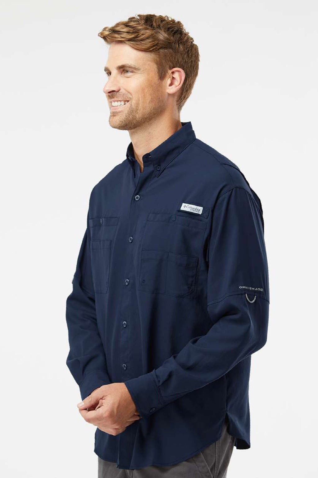 Columbia 212467 Mens PFG Tamiami II Long Sleeve Button Down Shirt w/ Double Pockets Collegiate Navy Blue Model Side