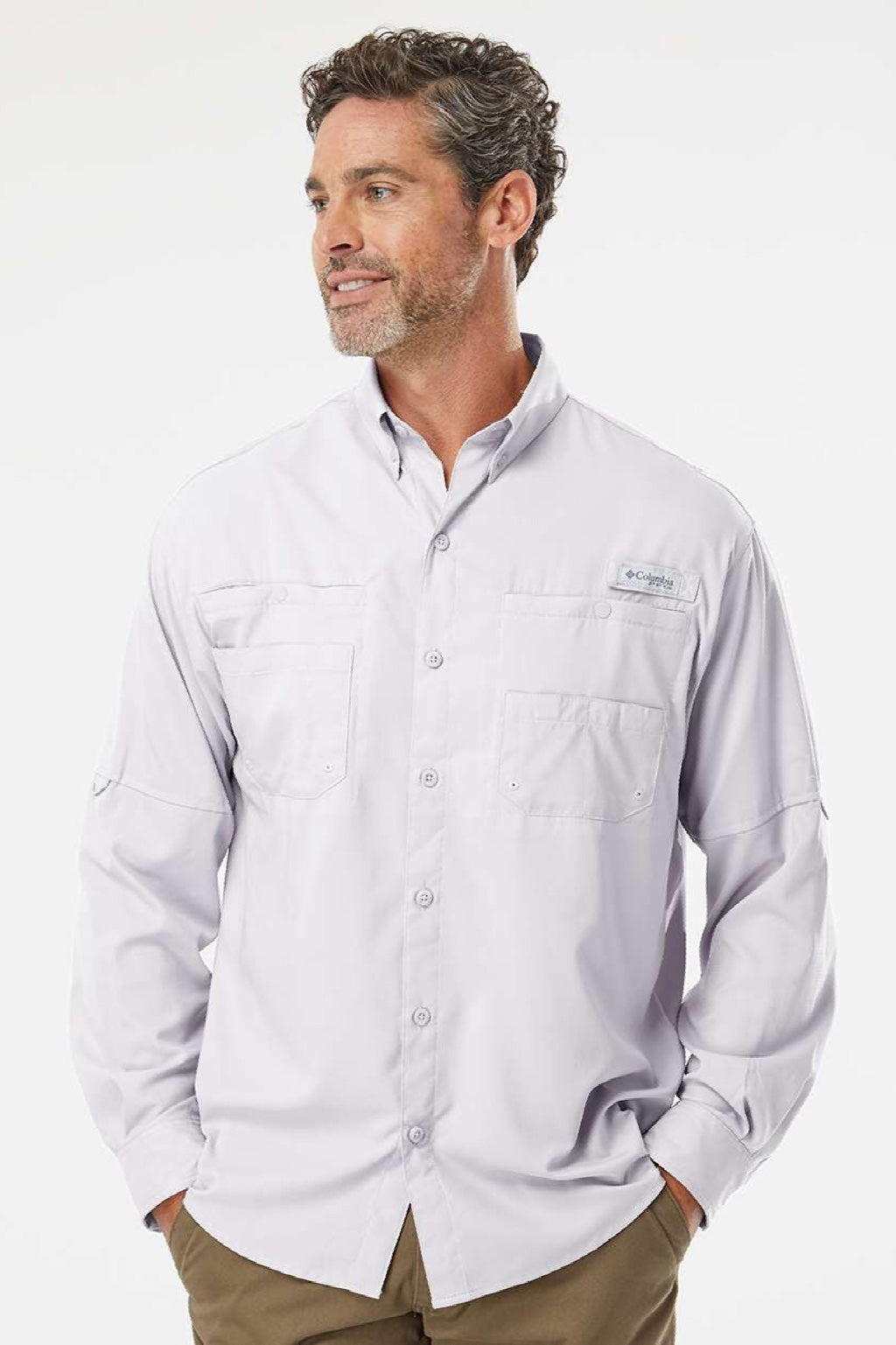 Columbia 212467 Mens PFG Tamiami II Long Sleeve Button Down Shirt w/ Double Pockets Cool Grey Model Front