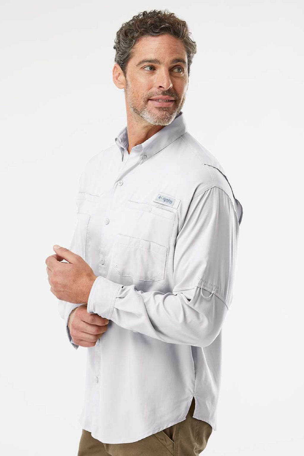 Columbia 212467 Mens PFG Tamiami II Long Sleeve Button Down Shirt w/ Double Pockets Cool Grey Model Side