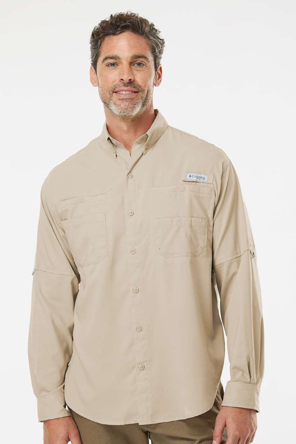 Columbia 212467 Mens PFG Tamiami II Long Sleeve Button Down Shirt w/ Double Pockets Fossil Model Front