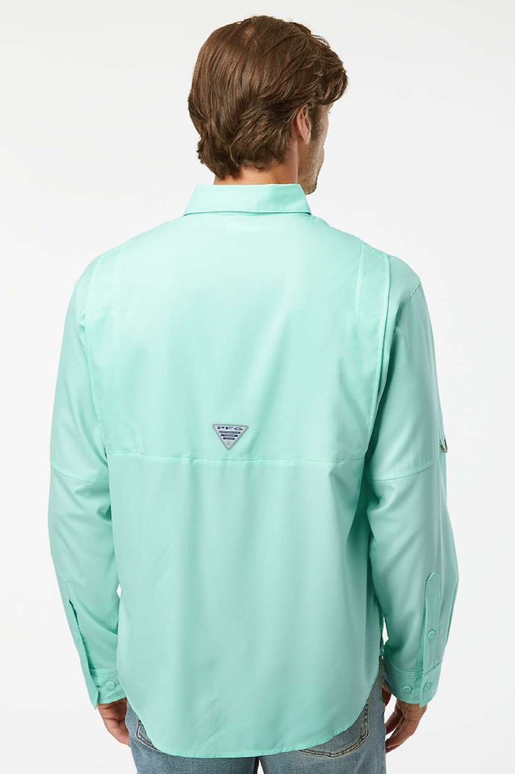 Columbia 212467 Mens PFG Tamiami II Long Sleeve Button Down Shirt w/ Double Pockets Gulf Stream Green Model Back