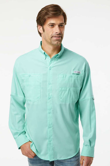 Columbia 212467 Mens PFG Tamiami II Long Sleeve Button Down Shirt w/ Double Pockets Gulf Stream Green Model Front