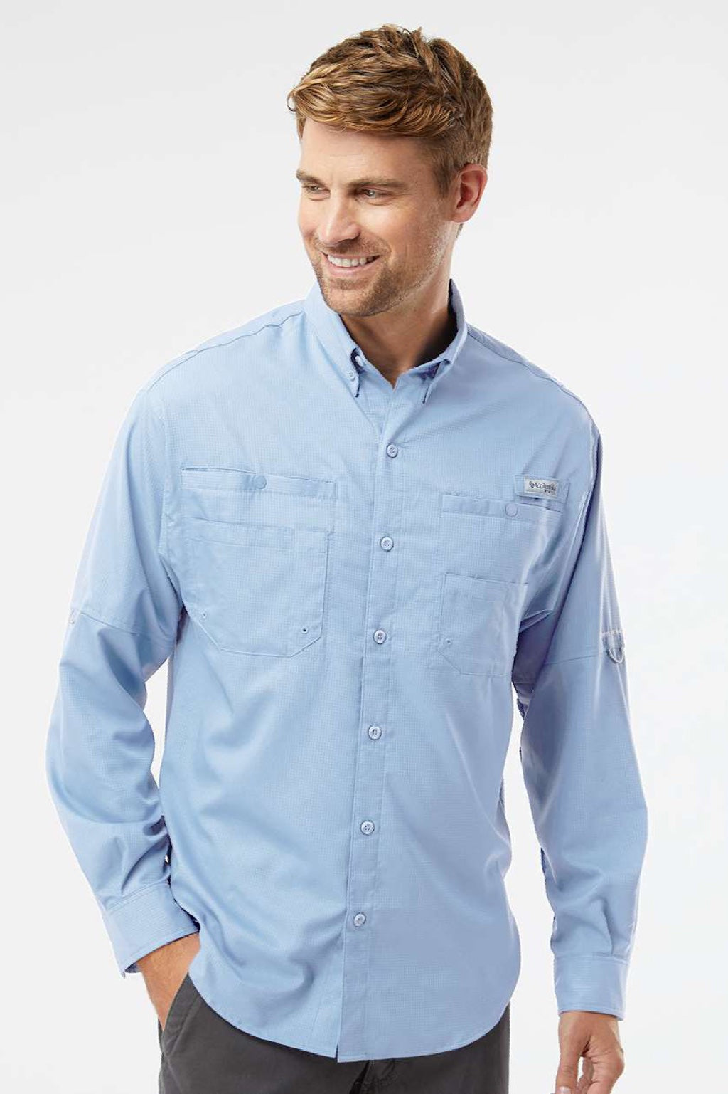 Columbia 212467 Mens PFG Tamiami II Long Sleeve Button Down Shirt w/ Double Pockets Sail Blue Model Front