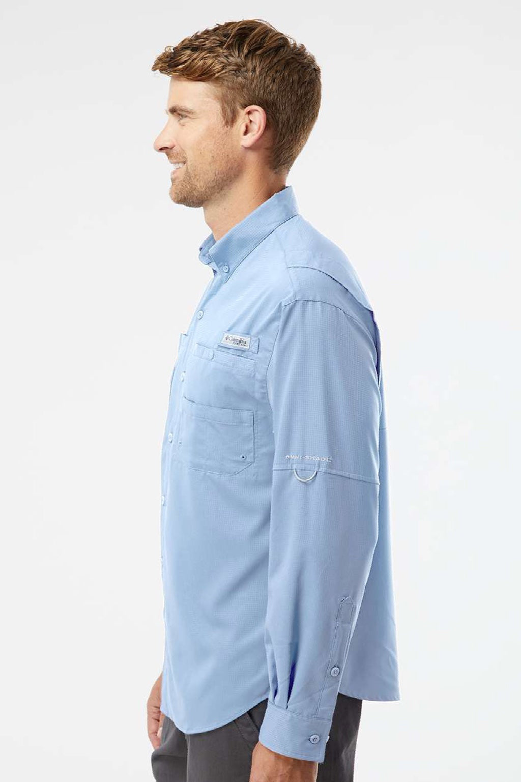 Columbia 212467 Mens PFG Tamiami II Long Sleeve Button Down Shirt w/ Double Pockets Sail Blue Model Side