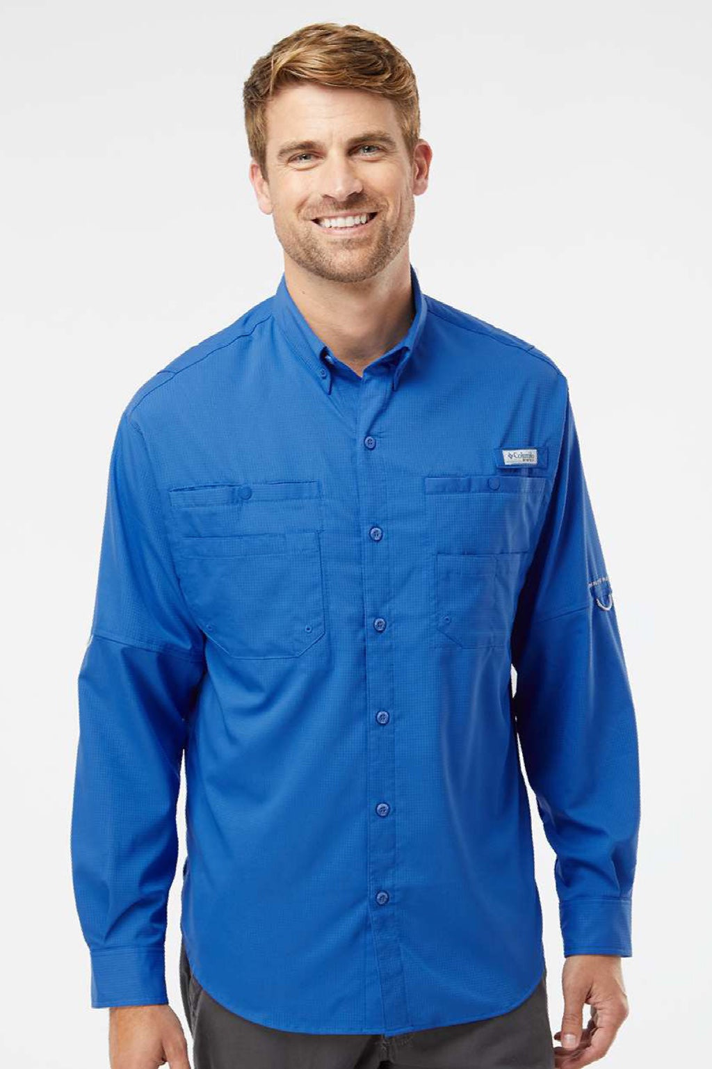 Columbia 212467 Mens PFG Tamiami II Long Sleeve Button Down Shirt w/ Double Pockets Vivid Blue Model Front