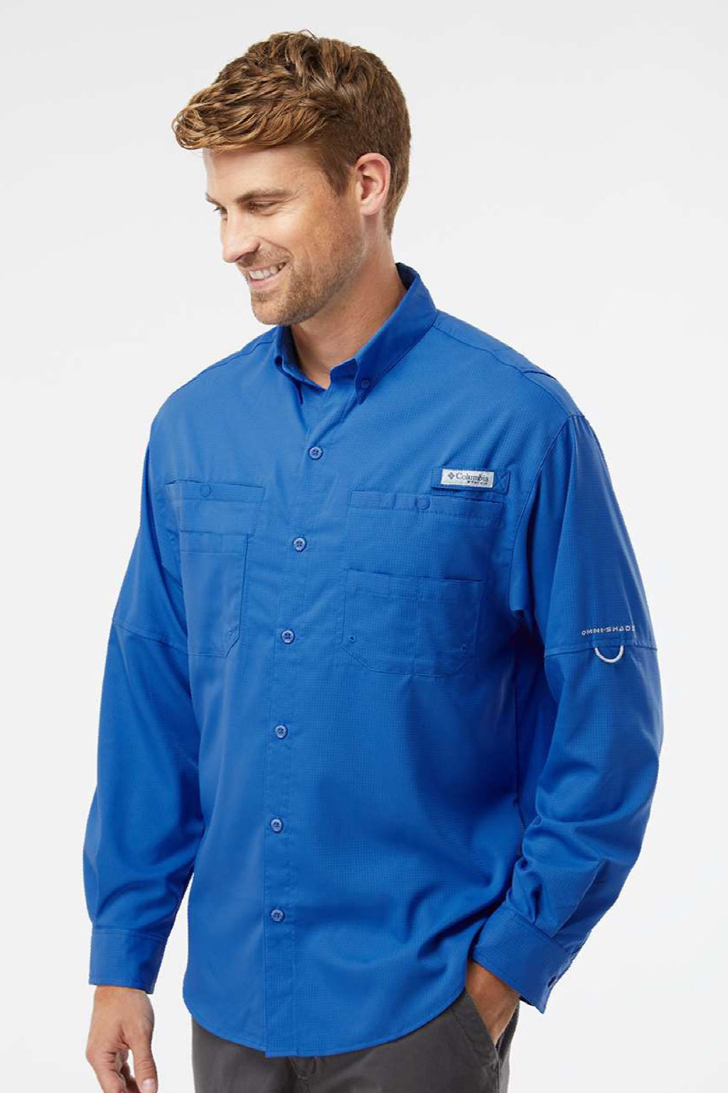 Columbia 212467 Mens PFG Tamiami II Long Sleeve Button Down Shirt w/ Double Pockets Vivid Blue Model Side