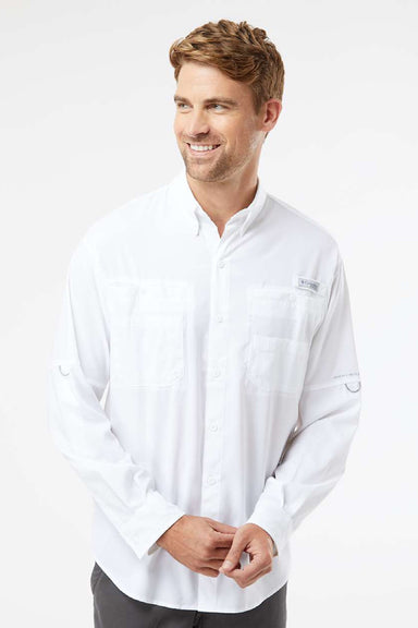Columbia 212467 Mens PFG Tamiami II Long Sleeve Button Down Shirt w/ Double Pockets White Model Front