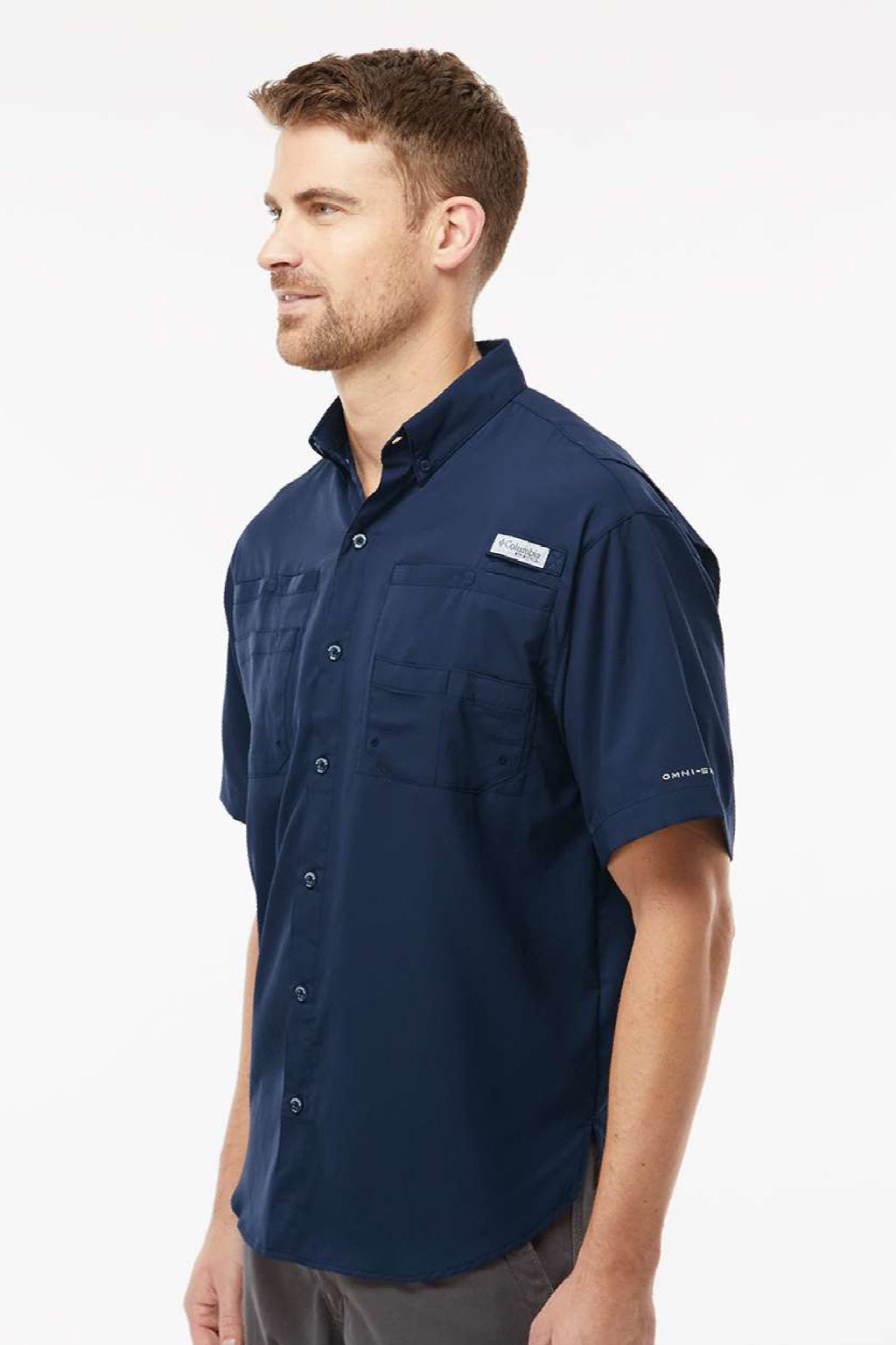 Columbia 212468 Mens PFG Tamiami II Short Sleeve Button Down Shirt w/ Double Pockets Collegiate Navy Blue Model Side