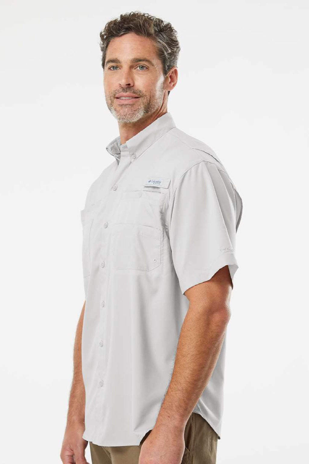 Columbia 212468 Mens PFG Tamiami II Short Sleeve Button Down Shirt w/ Double Pockets Cool Grey Model Side