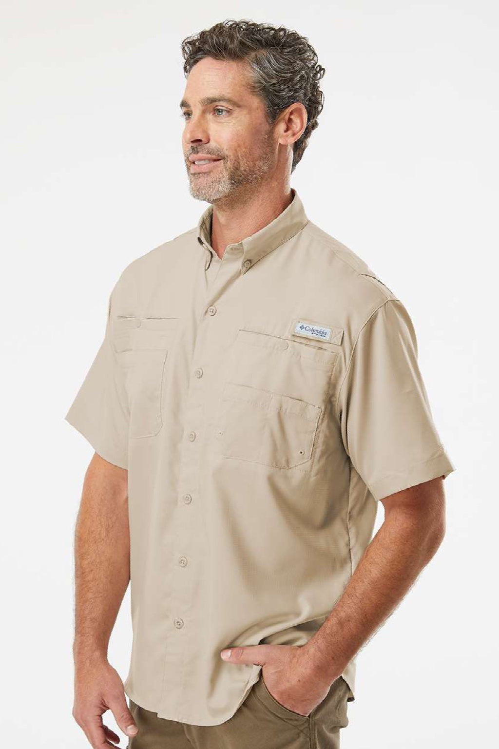 Columbia 212468 Mens PFG Tamiami II Short Sleeve Button Down Shirt w/ Double Pockets Fossil Model Side