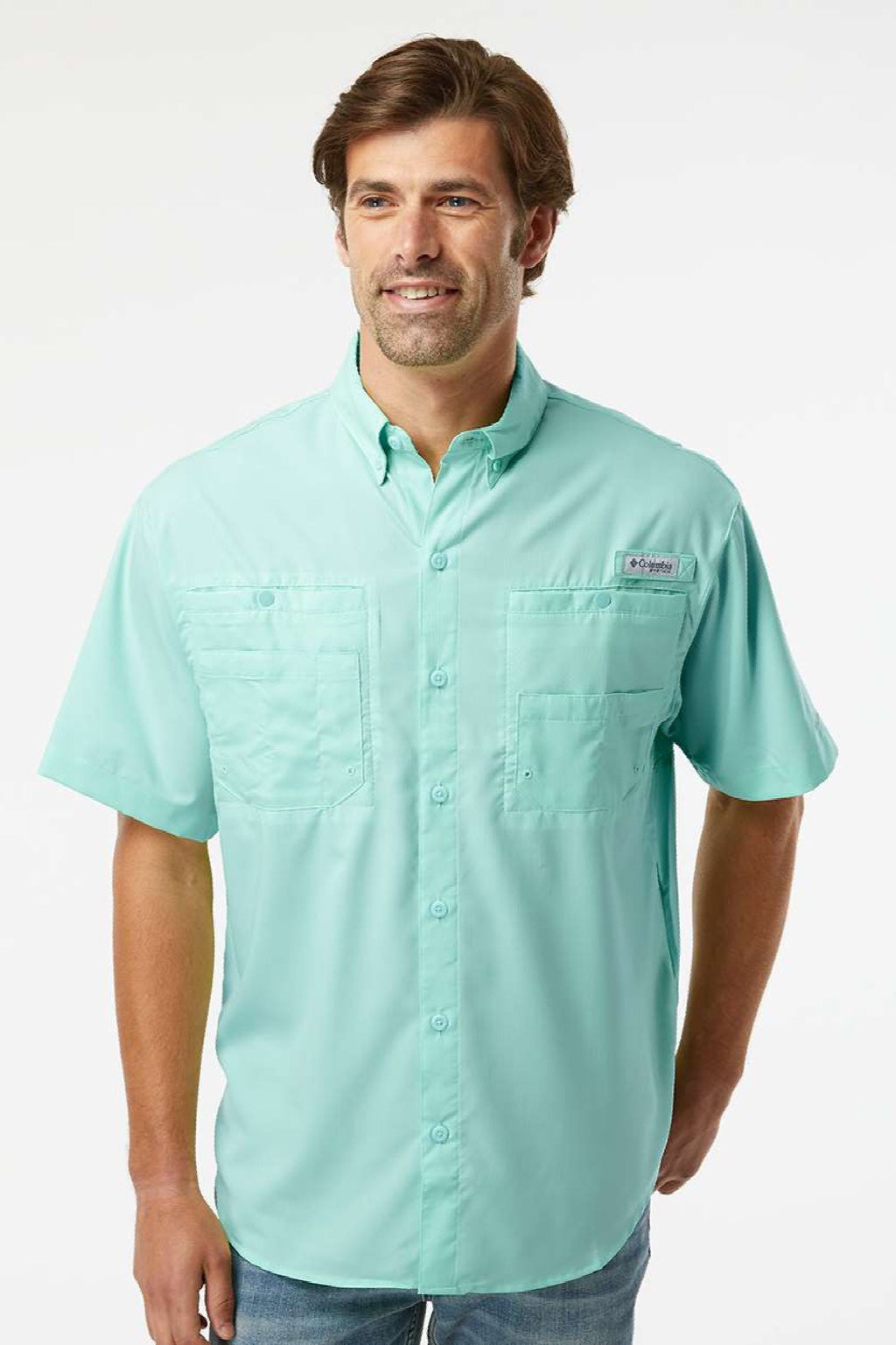 Columbia 212468 Mens PFG Tamiami II Short Sleeve Button Down Shirt w/ Double Pockets Gulf Stream Green Model Front
