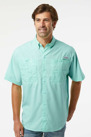Columbia 212468 Mens PFG Tamiami II Short Sleeve Button Down Shirt w/ Double Pockets Gulf Stream Green Model Front