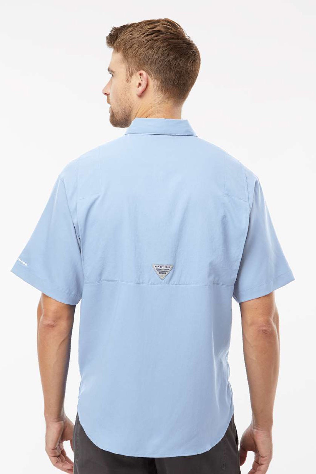 Columbia 212468 Mens PFG Tamiami II Short Sleeve Button Down Shirt w/ Double Pockets Sail Blue Model Back