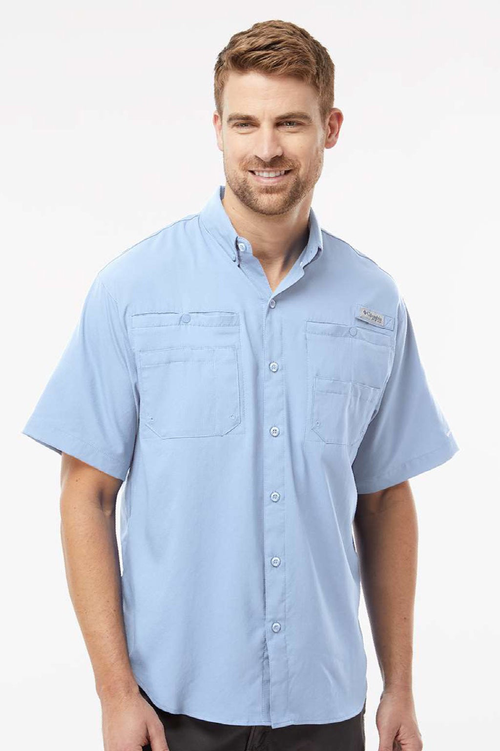 Columbia 212468 Mens PFG Tamiami II Short Sleeve Button Down Shirt w/ Double Pockets Sail Blue Model Front