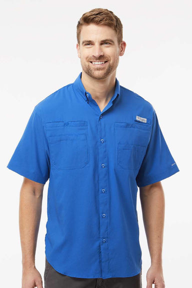 Columbia 212468 Mens PFG Tamiami II Short Sleeve Button Down Shirt w/ Double Pockets Vivid Blue Model Front