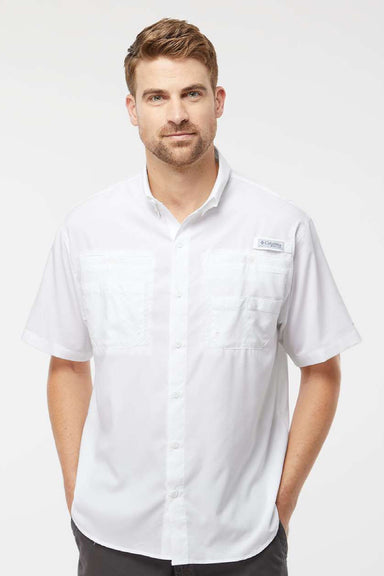 Columbia 212468 Mens PFG Tamiami II Short Sleeve Button Down Shirt w/ Double Pockets White Model Front