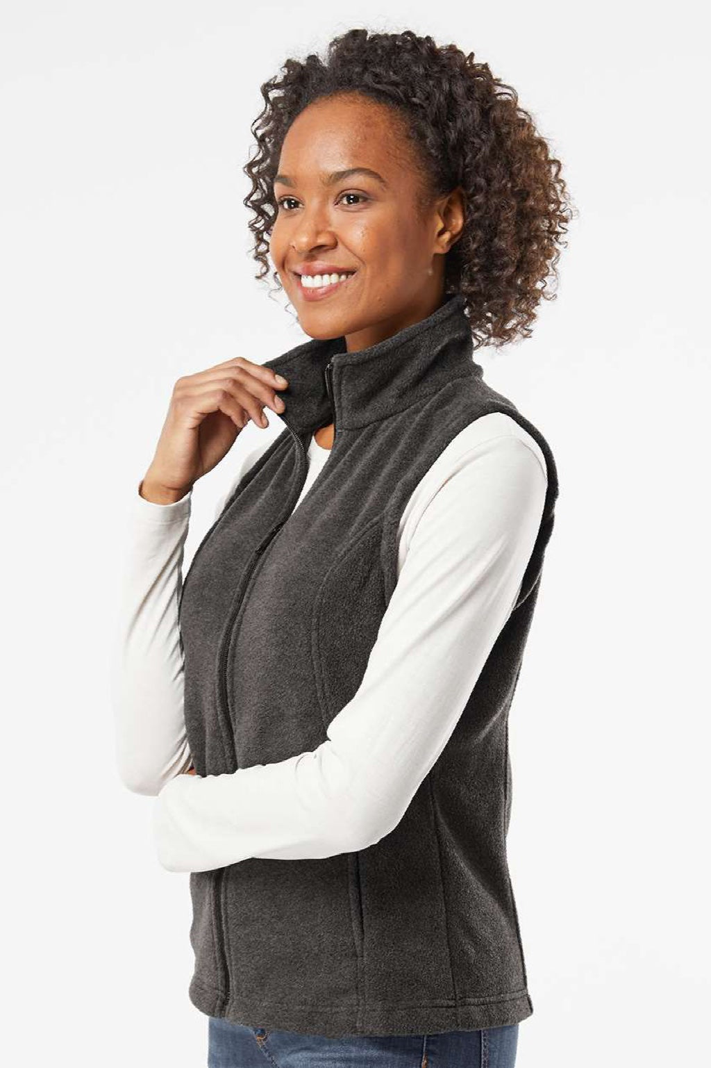 Columbia 212471 Womens Benton Springs Fleece Full Zip Vest Heather Charcoal Grey Model Side