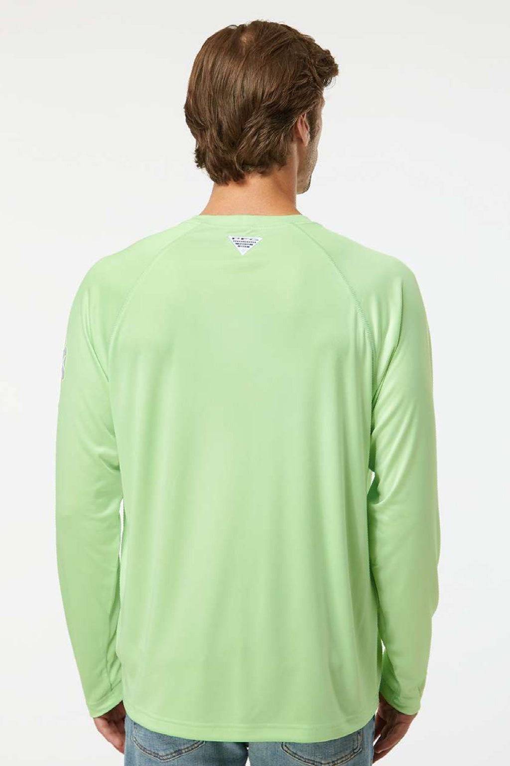 Columbia 212472 Mens PFG Terminal Tackle Long Sleeve Crewneck T-Shirt Key West Green/Cool Grey Model Back