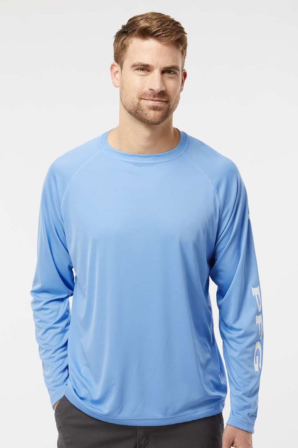 Columbia 212472 Mens PFG Terminal Tackle Long Sleeve Crewneck T-Shirt White Cap Blue/White Model Front