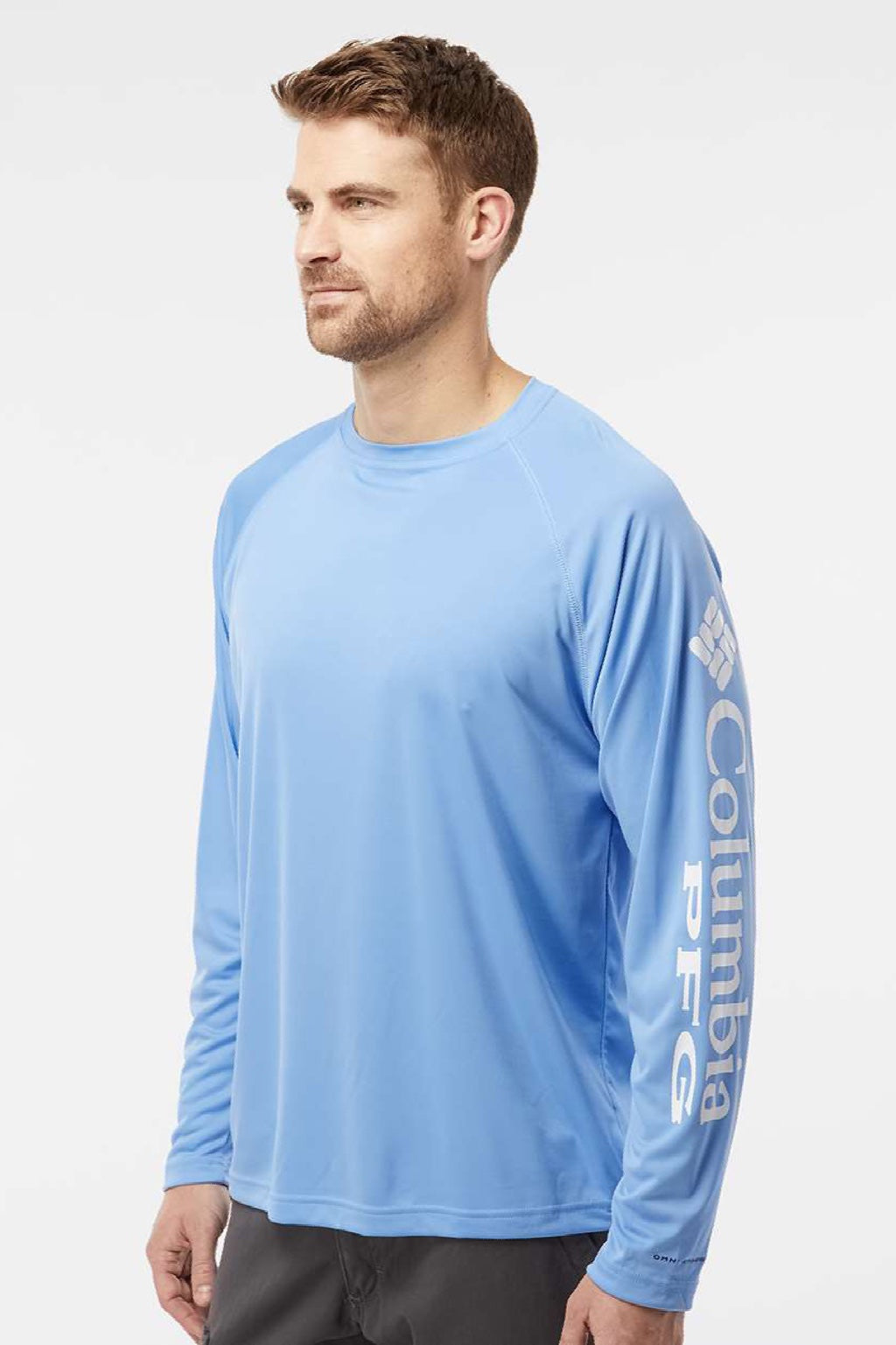 Columbia 212472 Mens PFG Terminal Tackle Long Sleeve Crewneck T-Shirt White Cap Blue/White Model Side