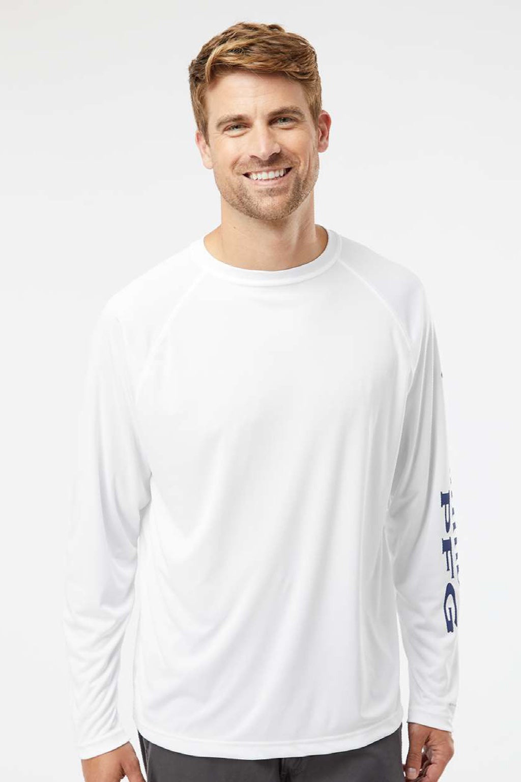 Columbia 212472 Mens PFG Terminal Tackle Long Sleeve Crewneck T-Shirt White/Nightshade Blue Model Front