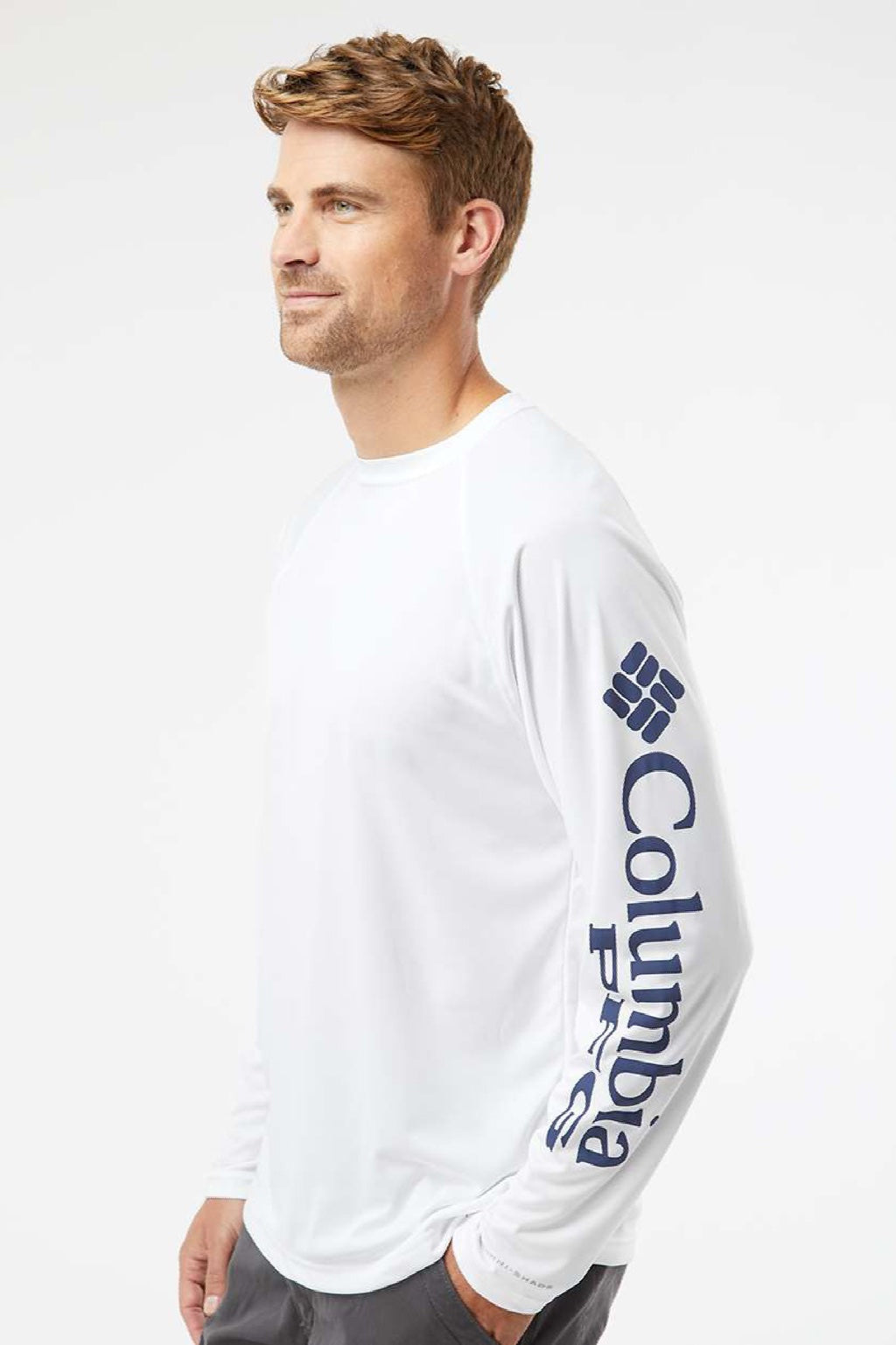 Columbia 212472 Mens PFG Terminal Tackle Long Sleeve Crewneck T-Shirt White/Nightshade Blue Model Side