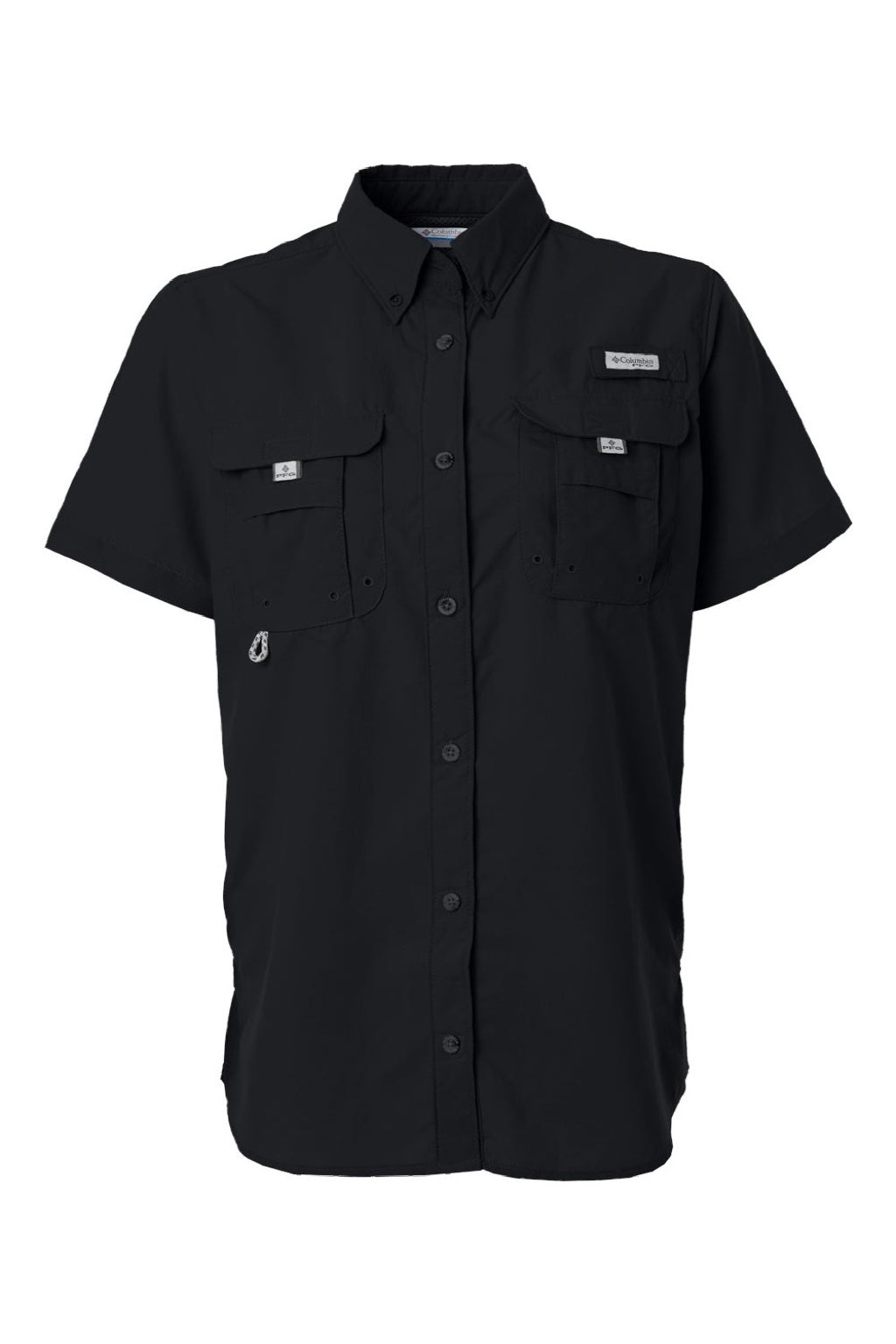 Columbia 212473 Womens PFG Bahama Short Sleeve Button Down Shirt w/ Double Pockets Black Flat Front