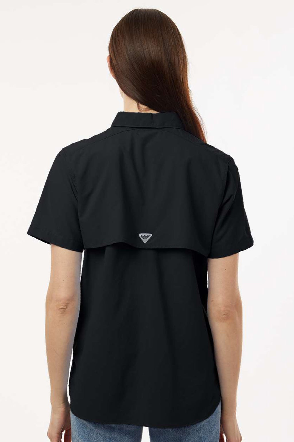 Columbia 212473 Womens PFG Bahama Short Sleeve Button Down Shirt w/ Double Pockets Black Model Back
