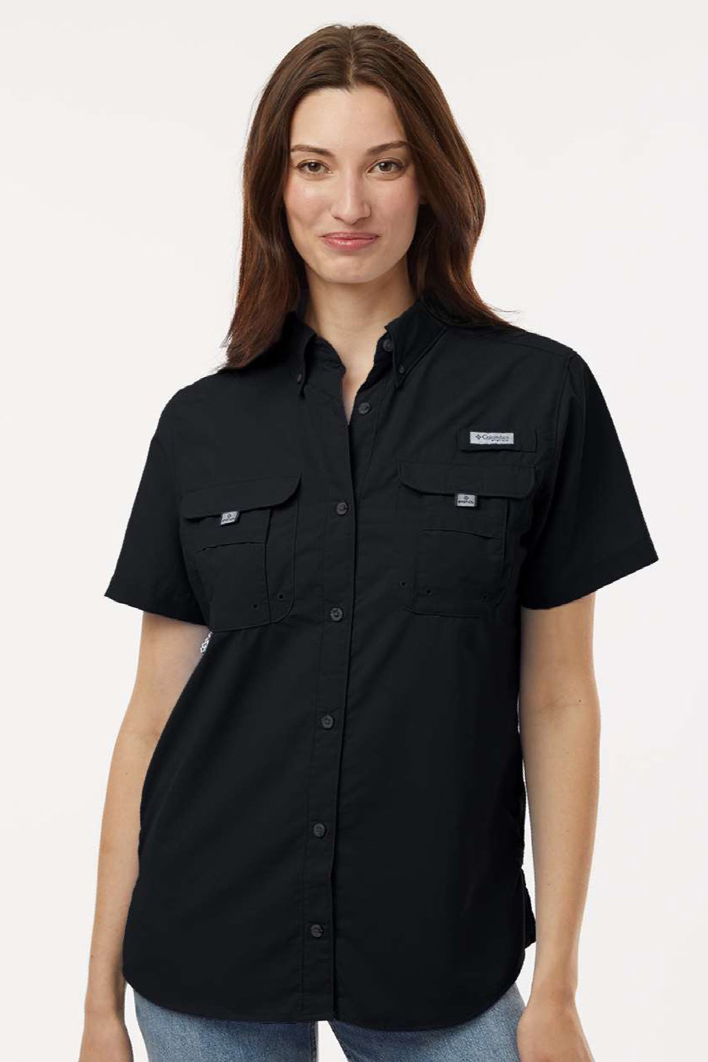 Columbia 212473 Womens PFG Bahama Short Sleeve Button Down Shirt w/ Double Pockets Black Model Front
