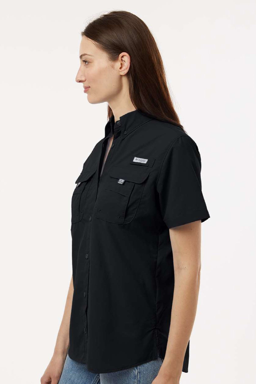Columbia 212473 Womens PFG Bahama Short Sleeve Button Down Shirt w/ Double Pockets Black Model Side