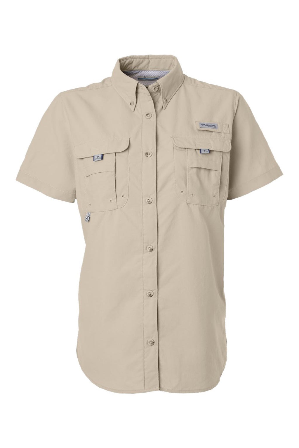 Columbia 212473 Womens PFG Bahama Short Sleeve Button Down Shirt w/ Double Pockets Fossil Flat Front