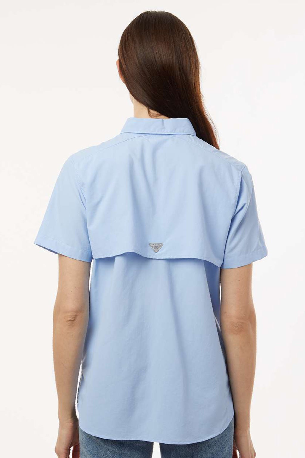 Columbia 212473 Womens PFG Bahama Short Sleeve Button Down Shirt w/ Double Pockets Sail Blue Model Back