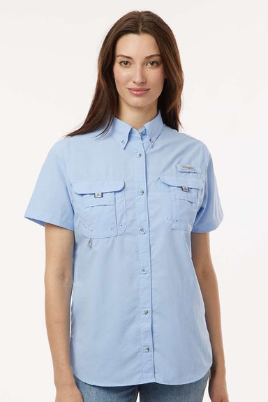 Columbia 212473 Womens PFG Bahama Short Sleeve Button Down Shirt w/ Double Pockets Sail Blue Model Front