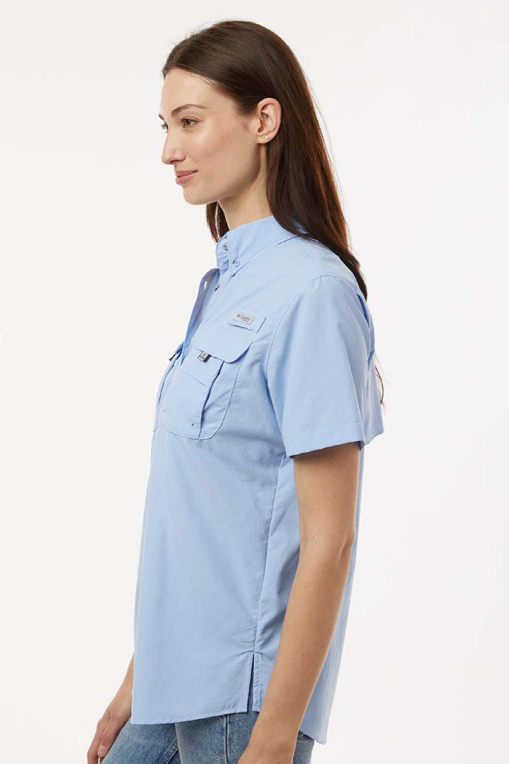 Columbia 212473 Womens PFG Bahama Short Sleeve Button Down Shirt w/ Double Pockets Sail Blue Model Side