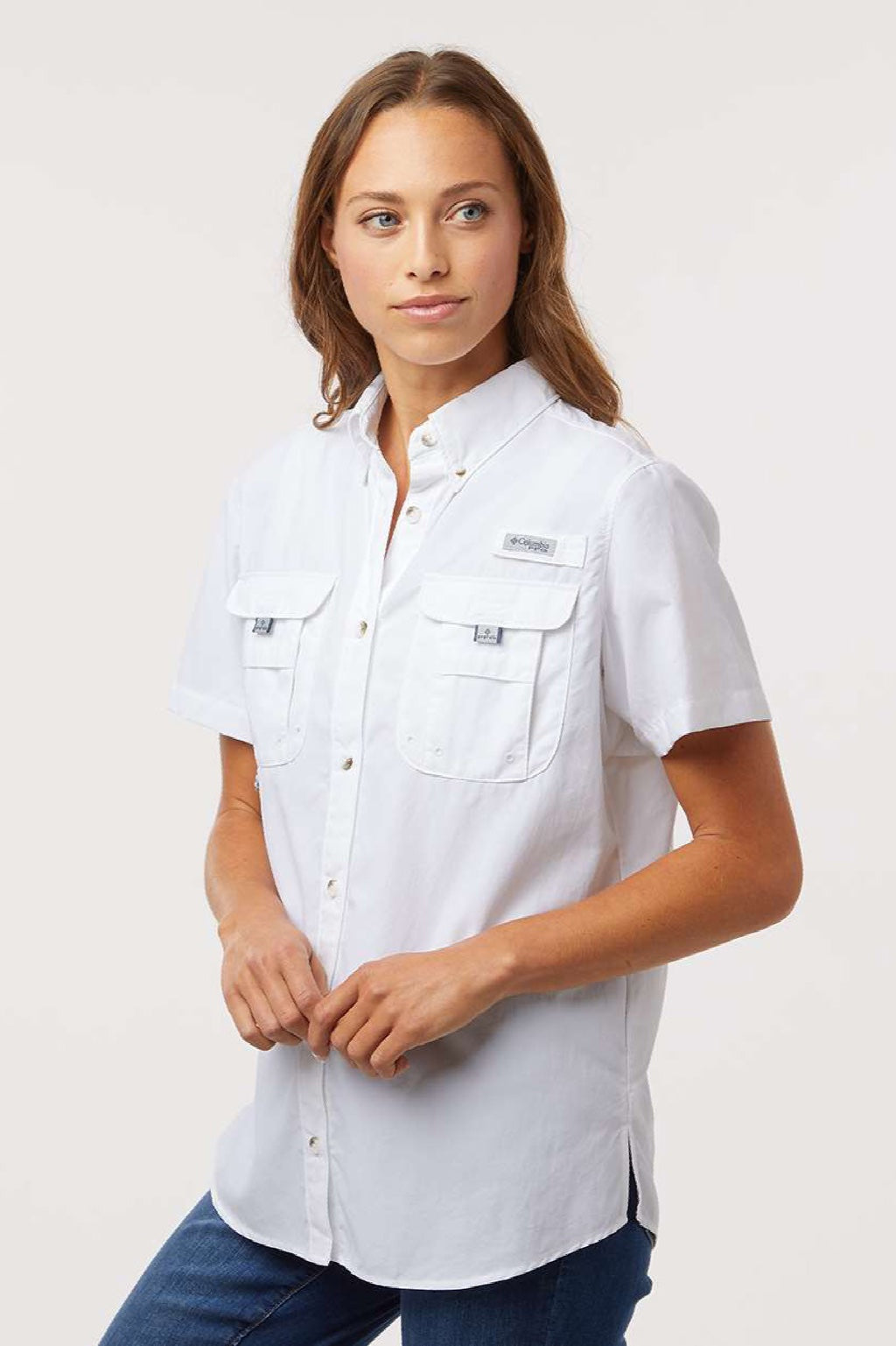 Columbia 212473 Womens PFG Bahama Short Sleeve Button Down Shirt w/ Double Pockets White Model Side