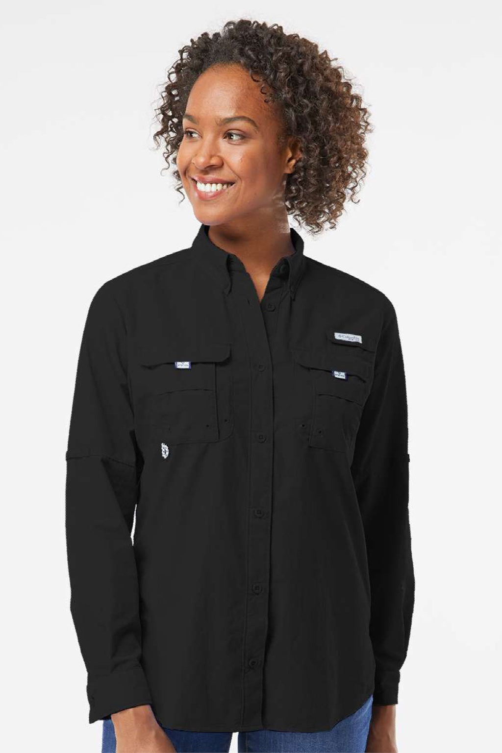 Columbia 212474 Womens PFG Bahama Long Sleeve Button Down Shirt w/ Double Pockets Black Model Front