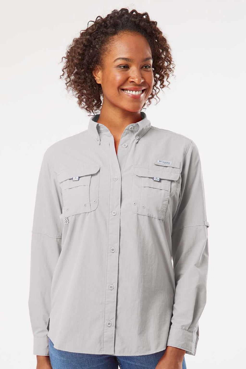 Columbia 212474 Womens PFG Bahama Long Sleeve Button Down Shirt w/ Double Pockets Cool Grey Model Front