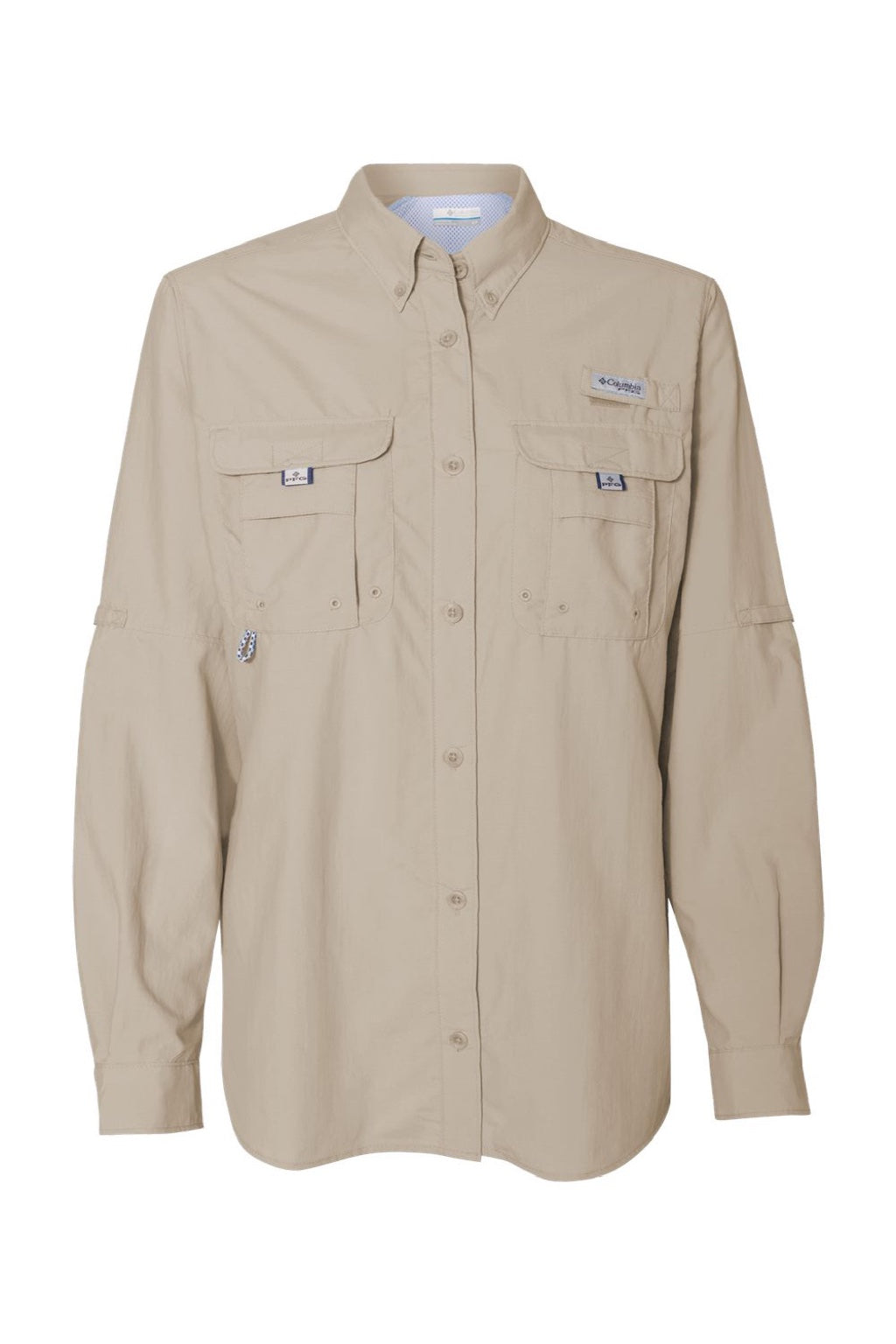 Columbia 212474 Womens PFG Bahama Long Sleeve Button Down Shirt w/ Double Pockets Fossil Flat Front