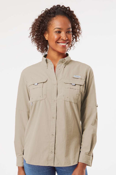Columbia 212474 Womens PFG Bahama Long Sleeve Button Down Shirt w/ Double Pockets Fossil Model Front