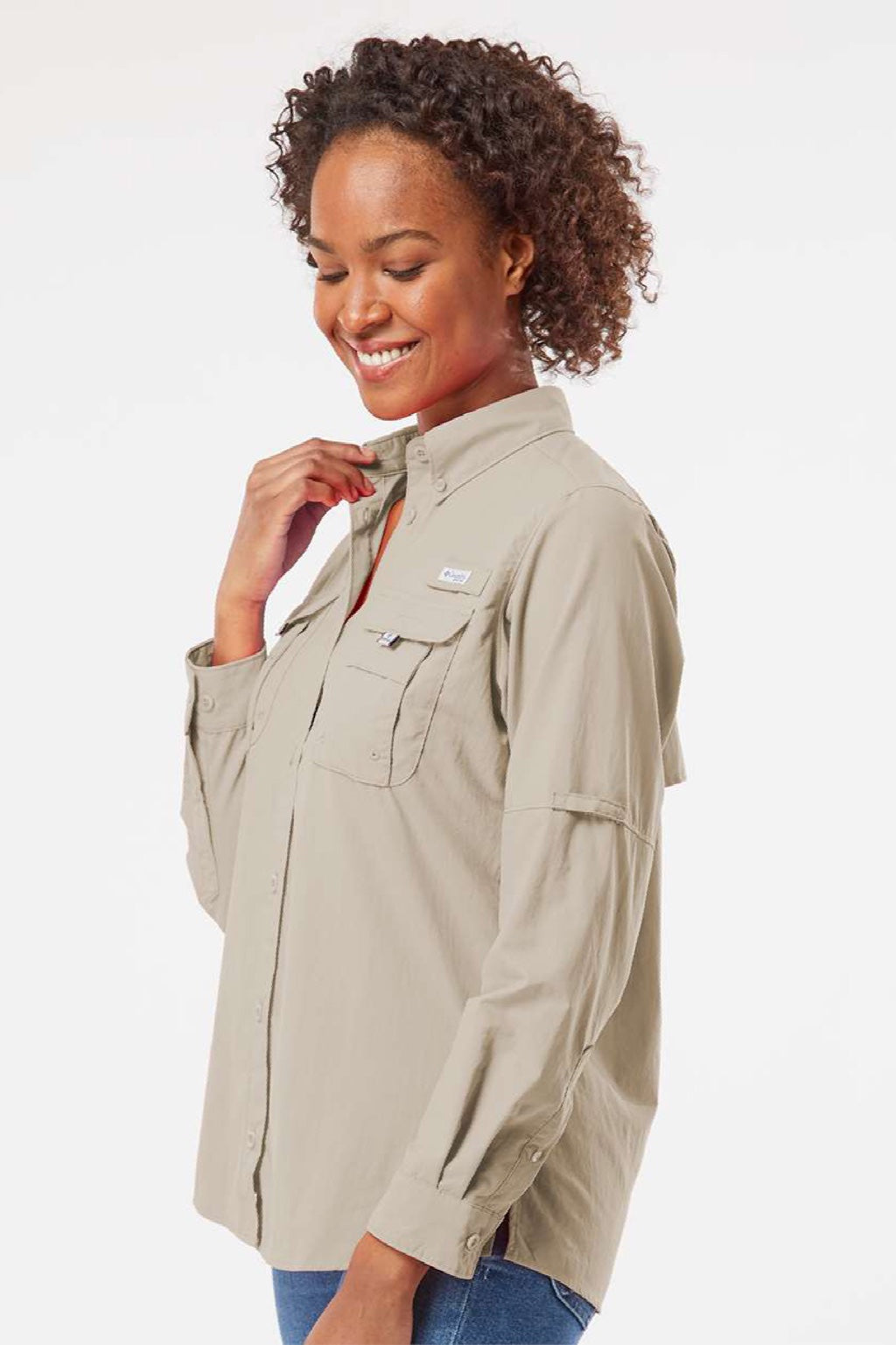 Columbia 212474 Womens PFG Bahama Long Sleeve Button Down Shirt w/ Double Pockets Fossil Model Side