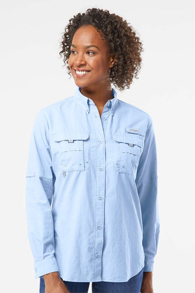 Columbia 212474 Womens PFG Bahama Long Sleeve Button Down Shirt w/ Double Pockets Sail Blue Model Front