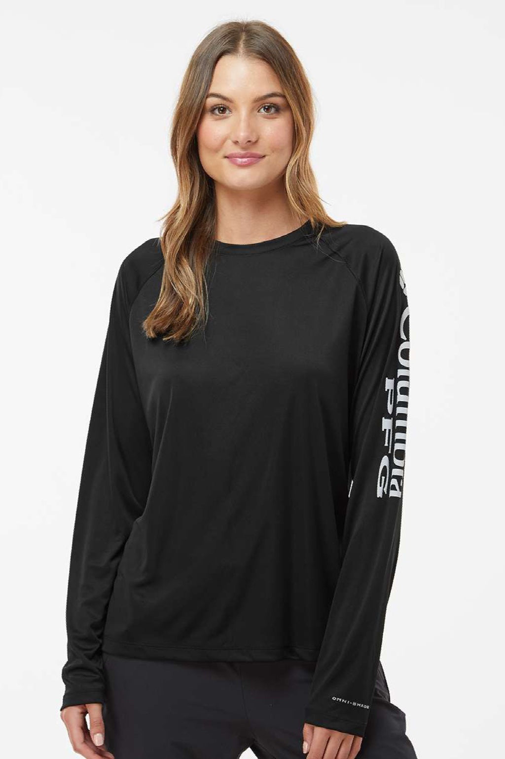 Columbia 212485 Womens PFG Tidal II Long Sleeve Crewneck T-Shirt Black/Cirrus Grey Model Front