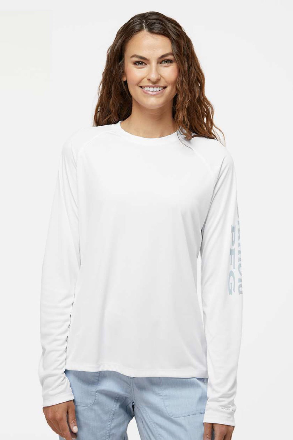 Columbia 212485 Womens PFG Tidal II Long Sleeve Crewneck T-Shirt White/Cirrus Grey Model Front